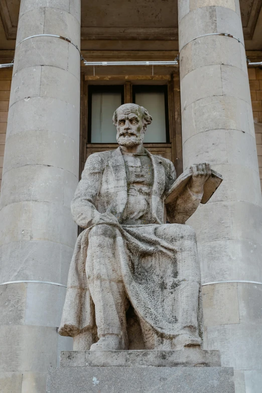 a statue of a man holding a book, a statue, grey beard, classical architecture, seated, freddy mamani silvestre facade