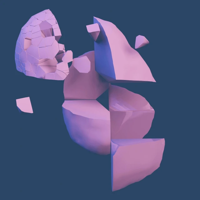 a broken piece of paper sitting on top of a table, a low poly render, crystal cubism, purple shattered paint, spherical, pink, in-game 3d model