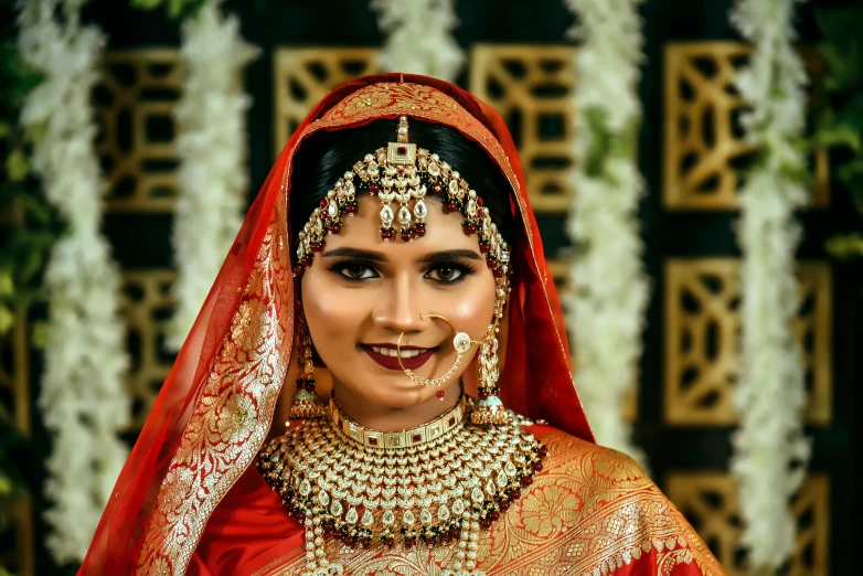 a woman in a red and gold outfit posing for a picture, a portrait, inspired by Saurabh Jethani, pixabay, hurufiyya, wedding photo, thumbnail, featured face details, 8k))