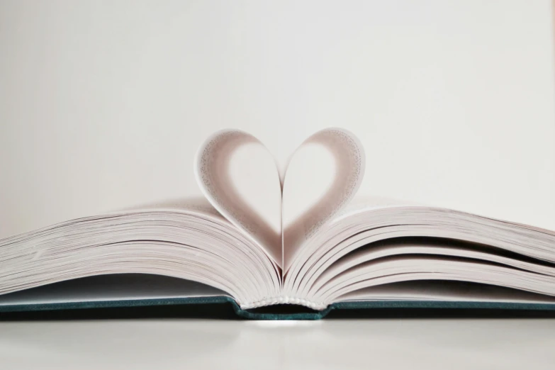 an open book with pages folded into a heart shape, a picture, by Felicity Charlton, pexels contest winner, soft vinyl, thumbnail, portrait shot, pastel'