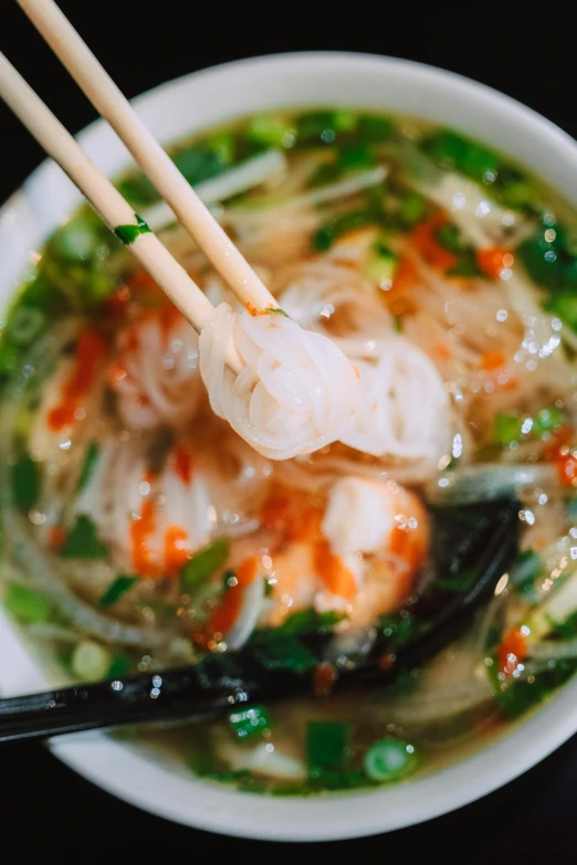 a close up of a bowl of soup with chopsticks, inspired by Tan Ting-pho, shrimp, stunning photo-quality, square, carson ellis