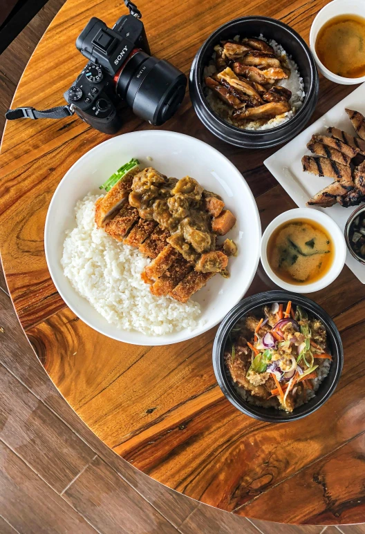 various foods are displayed on small plates in the center