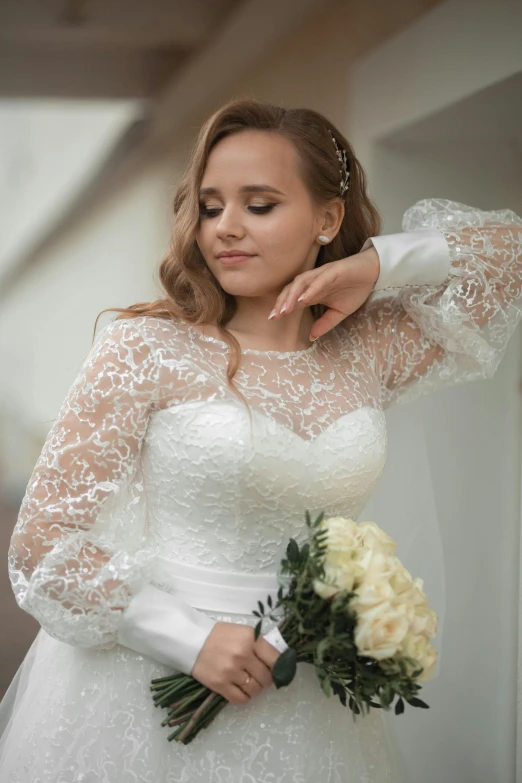 a woman in a wedding dress holding a bouquet, inspired by Mikhail Lebedev, puff sleeves, glowing details!, white, ornamental