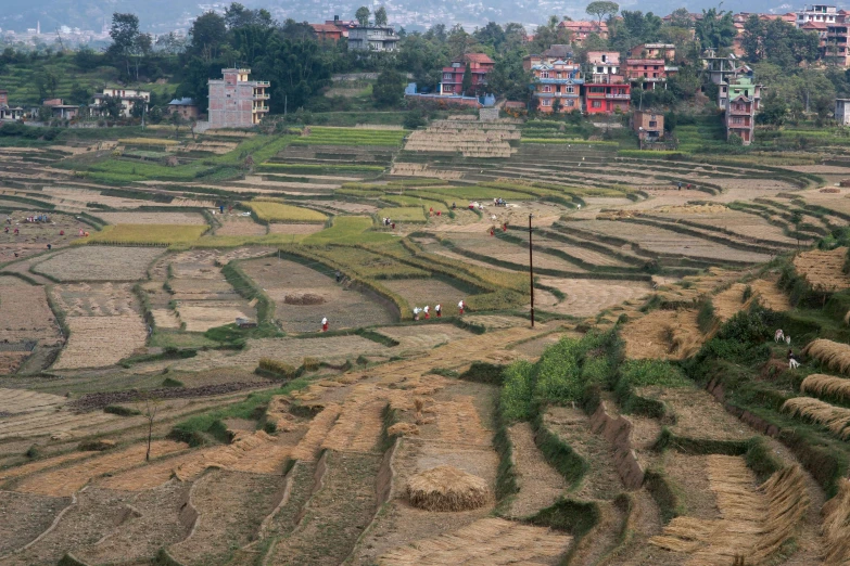 a small village sitting near some fields and some buildings