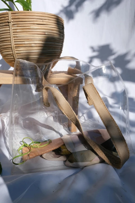 a wooden frame and clear plastic bag sitting next to a plant