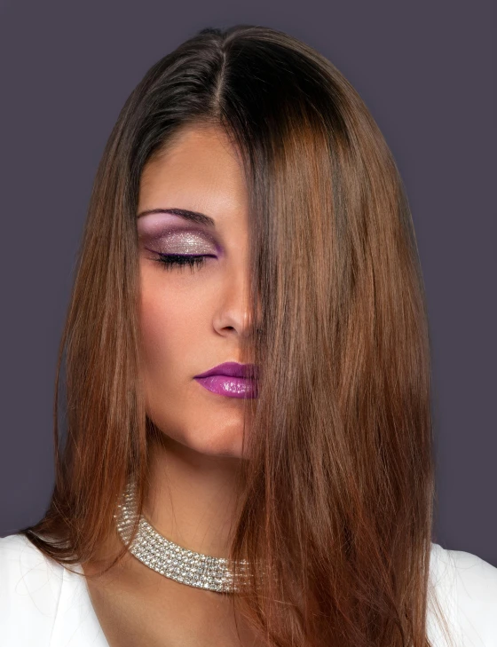 a close up of a woman with long hair, a colorized photo, inspired by Cosmo Alexander, dramatic product shot, hair : long brown, trending on imagestation, pouting