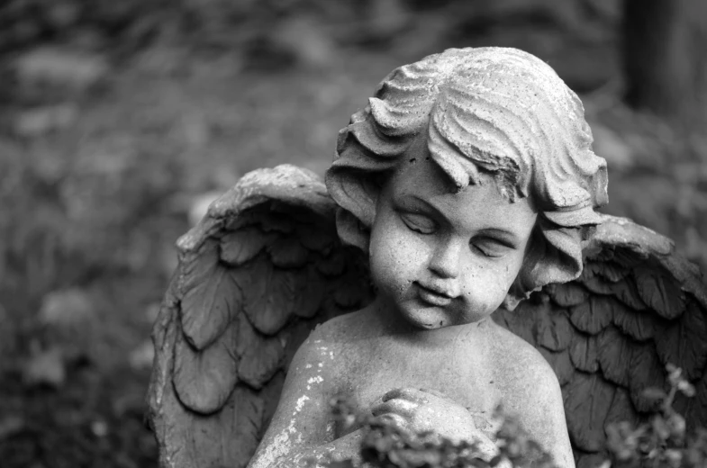 a statue of an angel holding a flower, by Marie Angel, pexels, icon black and white, innocent face, bashful expression, dead child