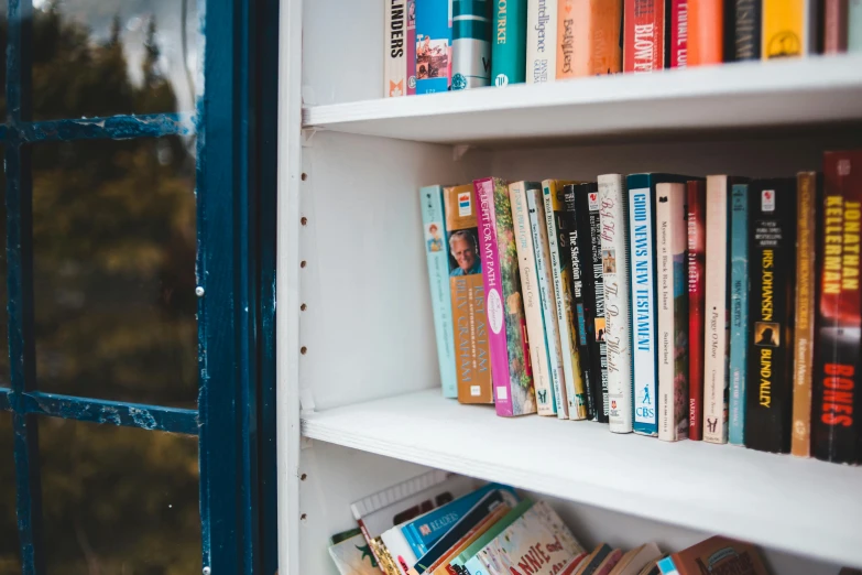 a bookshelf filled with lots of books next to a window, unsplash, private press, local close up, background image, cute photo, instagram post