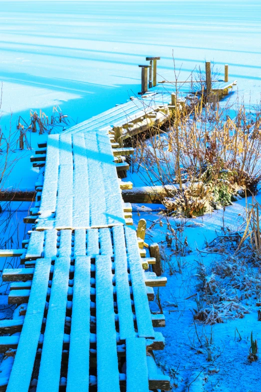 a long blue bench is sitting in front of the water