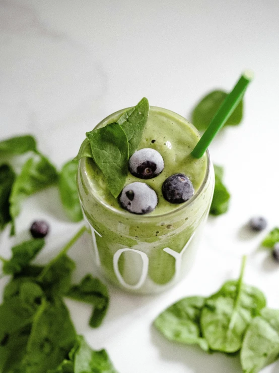 a green smoothie with blueberries and spinach, a picture, by Everett Warner, pexels, made of drink, 5k, portrait photo