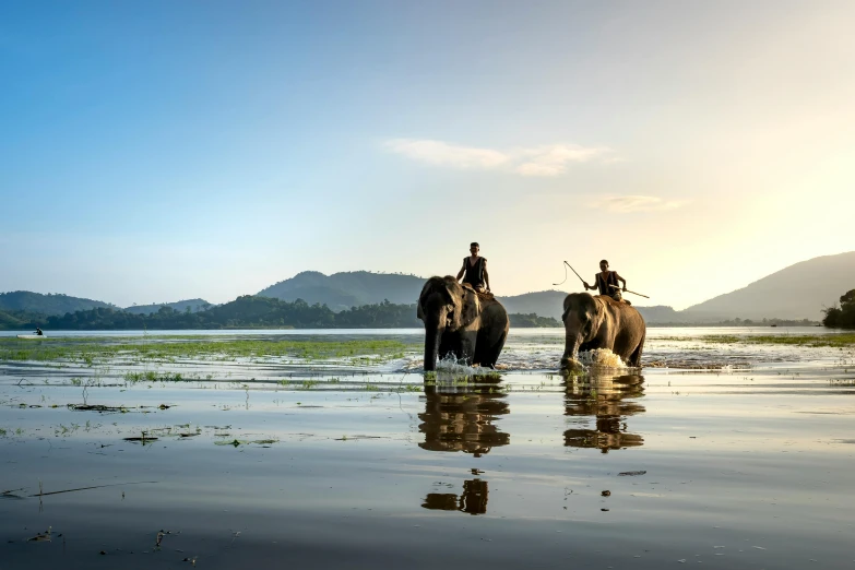 a couple of people riding on the backs of elephants, inspired by Steve McCurry, unsplash contest winner, sumatraism, on a lake, evening sunlight, idyllic, conde nast traveler photo