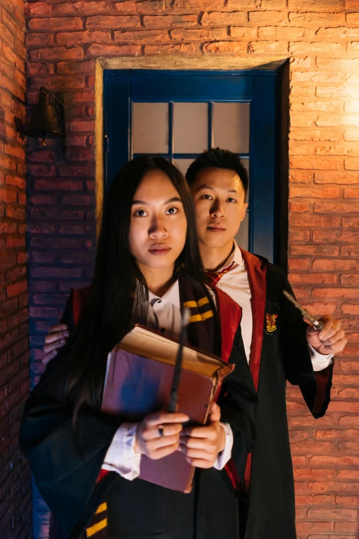 a couple of people standing next to each other, by helen huang, pexels contest winner, international gothic, portrait of harry potter, louise zhang, [ theatrical ], production photo