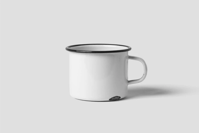 a black and white mug sitting on top of a table, vector art, unsplash, minimalism, asset on grey background, enamel, 3/4 front view, ffffound