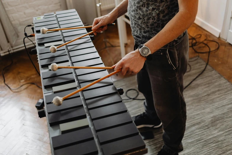 a man playing a musical instrument in a room, by Nick Fudge, trending on pexels, kinetic art, xylophone, grey, ( ultra realistic, on a wooden tray