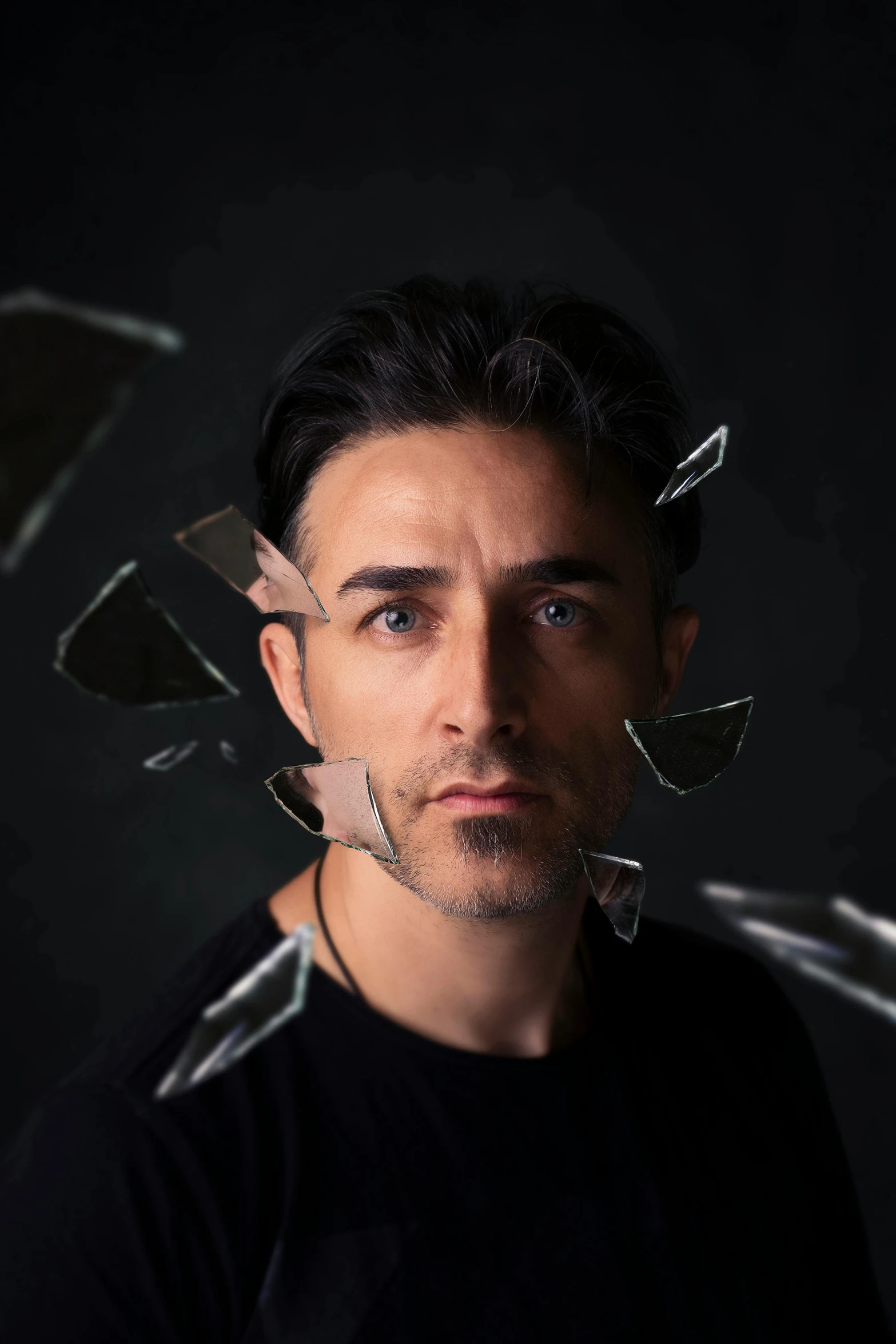 a man with broken glass on his face, an album cover, pexels contest winner, hyperrealism, clear julian lage face, dark. no text, damien tran, looking serious