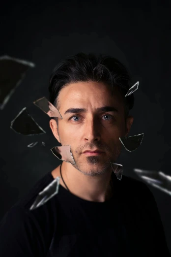 a man with broken glass on his face, an album cover, pexels contest winner, hyperrealism, clear julian lage face, dark. no text, damien tran, looking serious