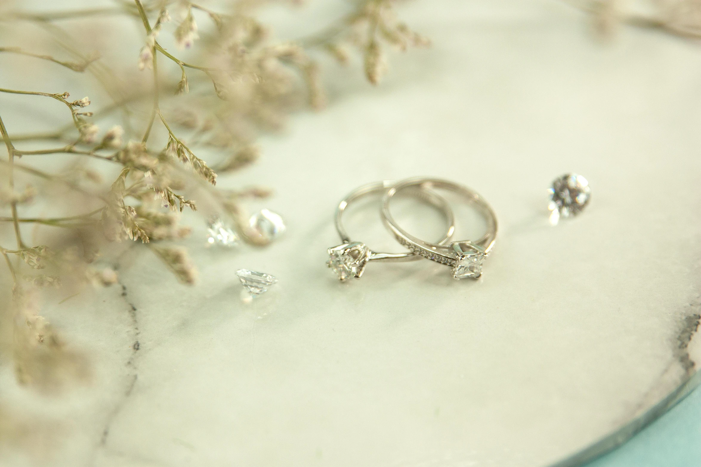 a couple of rings sitting on top of a white plate, trending on pexels, featuring rhodium wires, sparkling petals, diamond trees, textured base ; product photos