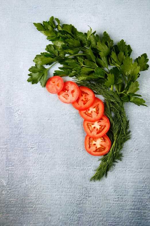 a bunch of tomatoes and parsley on a table, shutterstock contest winner, organic shape, multi - layer, delicate details, on clear background