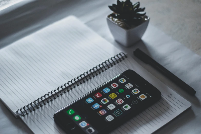 a cell phone sitting on top of a notebook next to a plant, by Robbie Trevino, trending on unsplash, 9 9 designs, iphone photo, old school, 7 0 mm photo