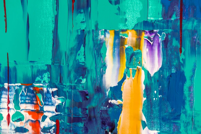 a painting of a woman in a yellow dress, inspired by Gerhard Richter, unsplash, abstract art, teal orange, close-up print of fractured, purple and blue and green colors, blue drips