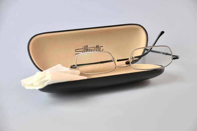 a pair of glasses sitting on top of a case, simonetti, easy to use, slate, smooth oval head