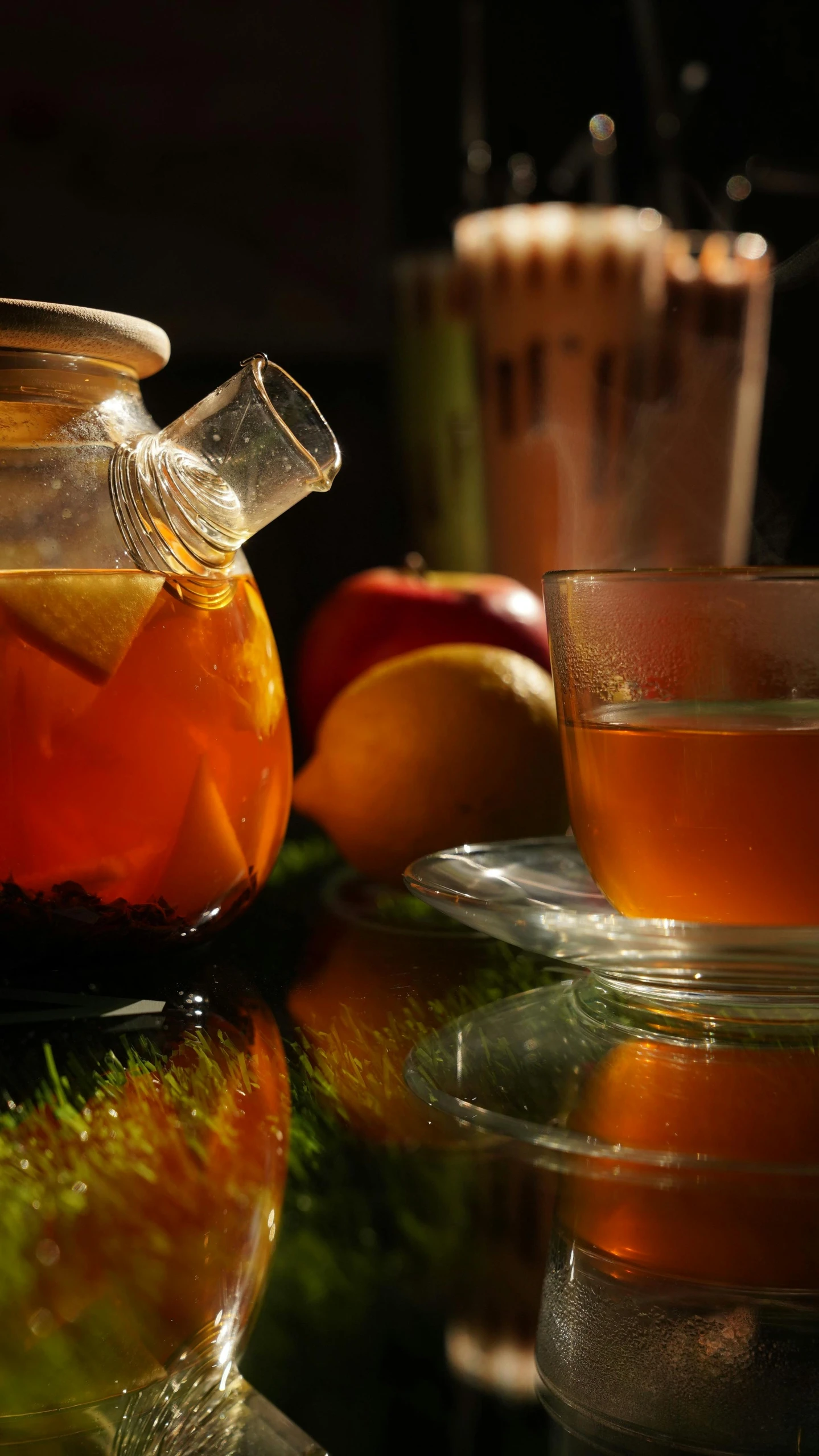 a glass tea pot sitting on top of a table, a still life, by Jason Felix, pixabay, renaissance, apple orange, rum, square, medium format. soft light