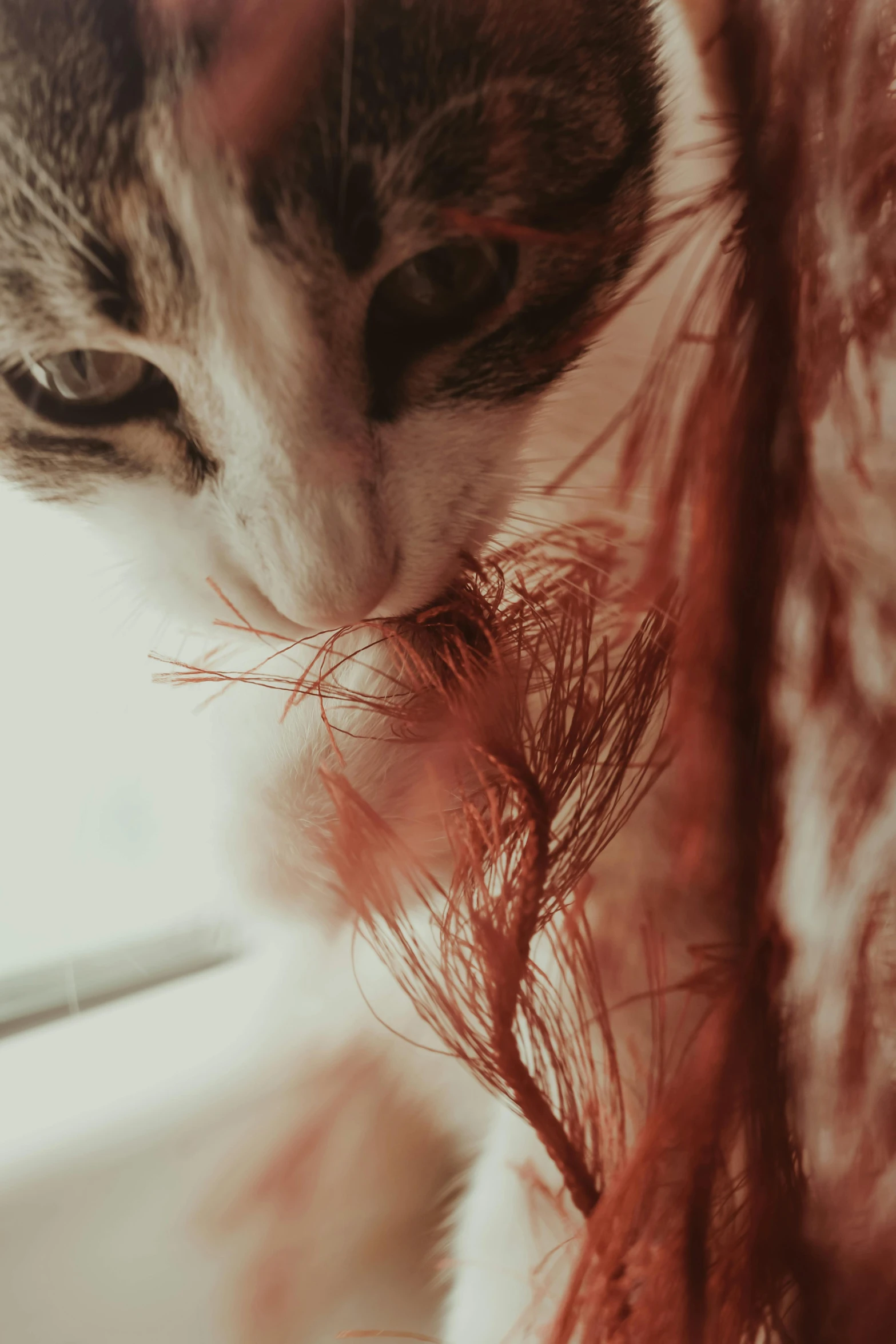 a close up of a cat near a window, a picture, inspired by Elsa Bleda, pexels contest winner, furry art, covered in coral, feathers growing out of skin, extreme close up shot, ((portrait))