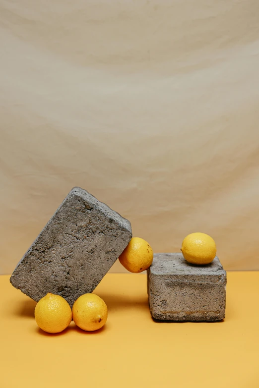 a bunch of lemons sitting next to a block of concrete, inspired by Isamu Noguchi, building blocks, studio product shot, fruit, square jaw