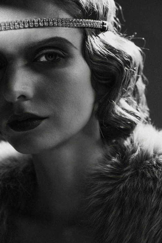 a black and white photo of a woman in a fur coat, inspired by George Hurrell, bauhaus, close up face detail, wearing 1 9 2 0 s cloth hair, promo image, erwin olaf