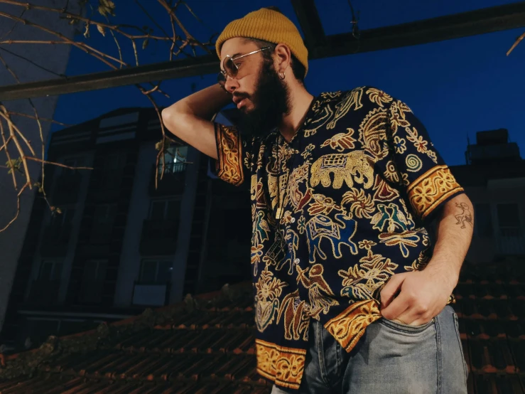 a man standing on top of a roof next to a tree, an album cover, pexels contest winner, renaissance, patterned clothing, golden and blue hour, gal yosef, bearded man