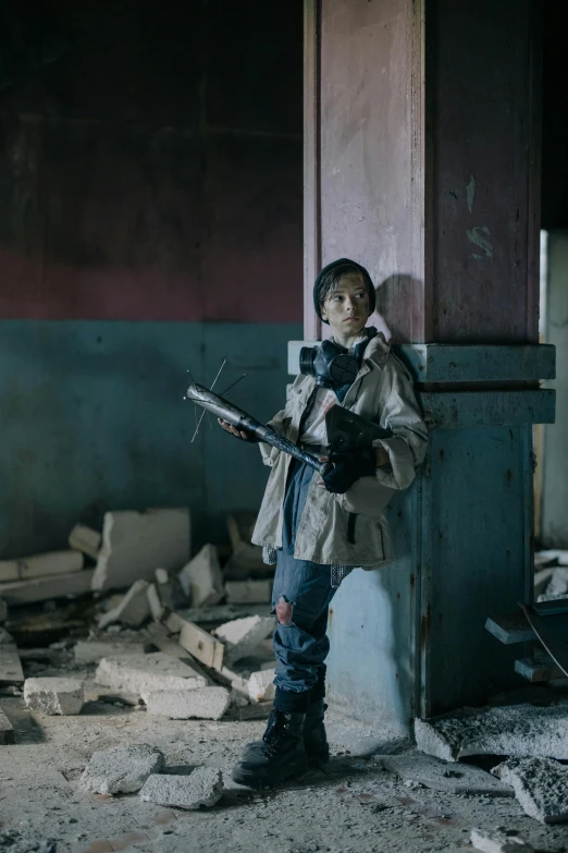 a woman holding a rifle standing next to a pile of rubble, inspired by Leng Mei, pexels contest winner, graffiti, inside a decayed operating room, z nation, ( ( theatrical ) ), sangsoo jeong