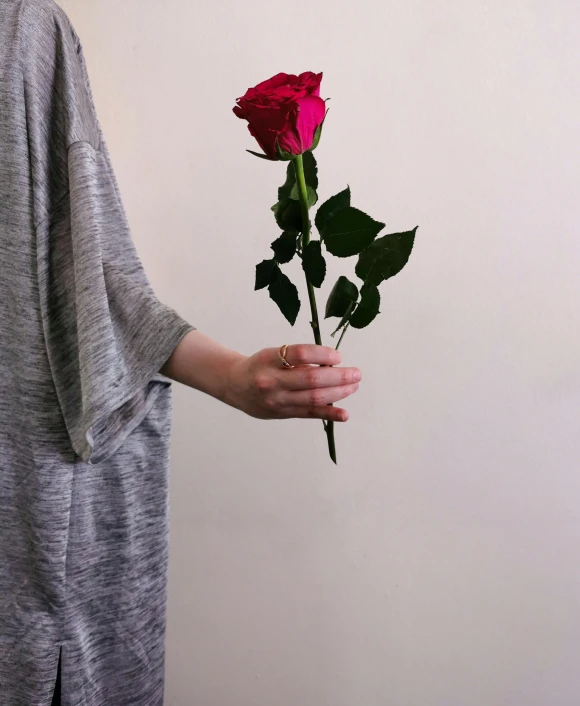 the person is holding the rose while it is being held