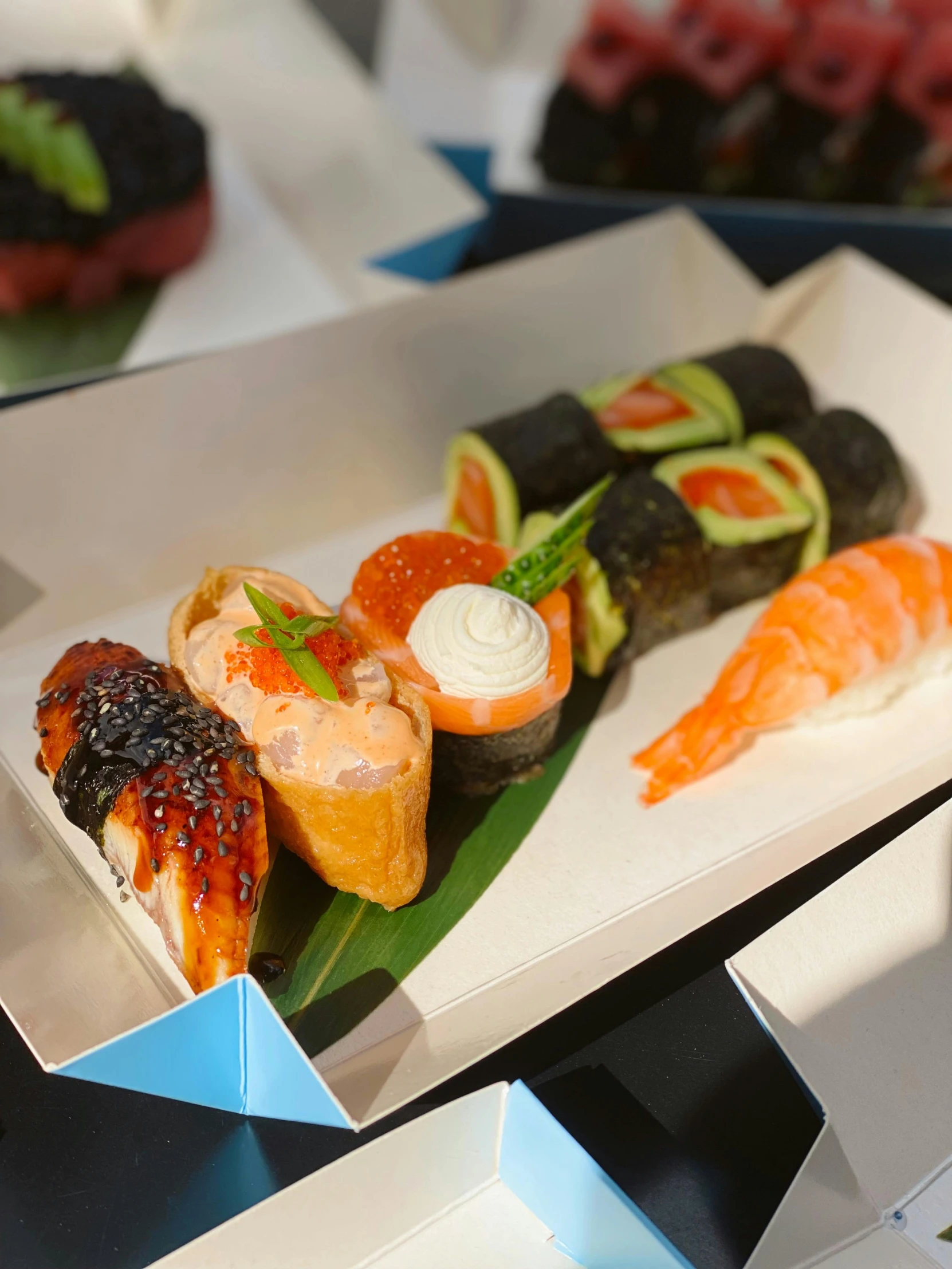 there are different foods on display in the trays