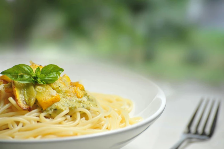 a close up of a plate of food on a table, pexels contest winner, yellow and green, spaghetti, soft shade, white