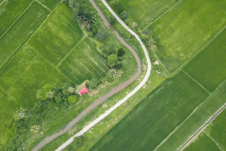 an aerial view of a road in the middle of a green field, pexels contest winner, indonesia, red barn in distance, sustainable materials, helicopter view