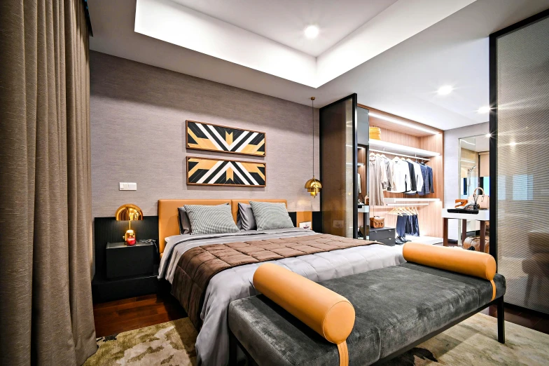 a large bedroom with brown accents and a brown bed