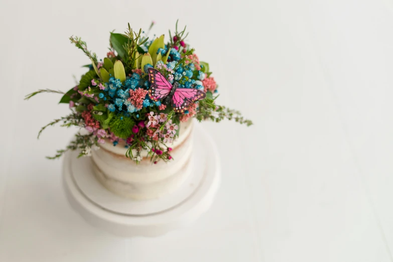 a flower pot sitting on top of a white table, the greatest cake, flowers and butterflies, full of colour, birdseye view