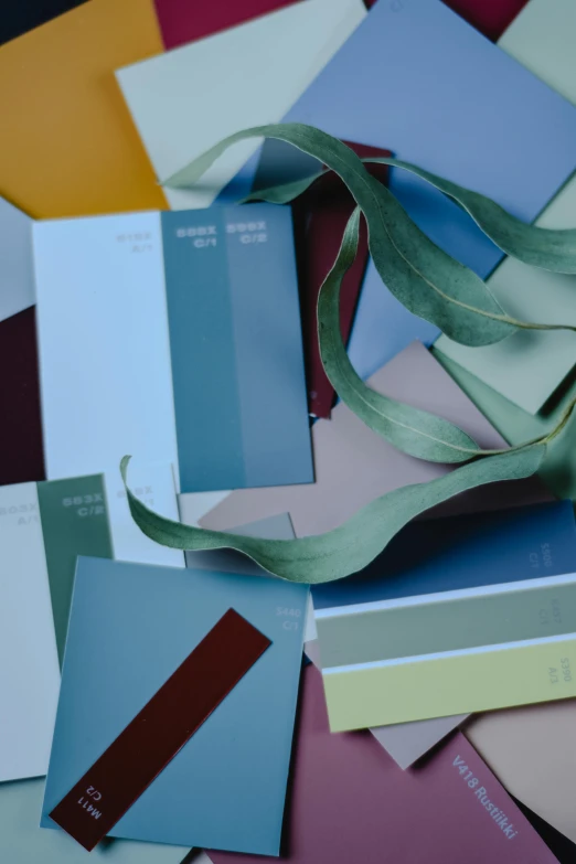 a pile of color swatches sitting on top of each other, inspired by Hans Gude, trending on unsplash, sage green, ribbons, matte paint colors, sustainable materials