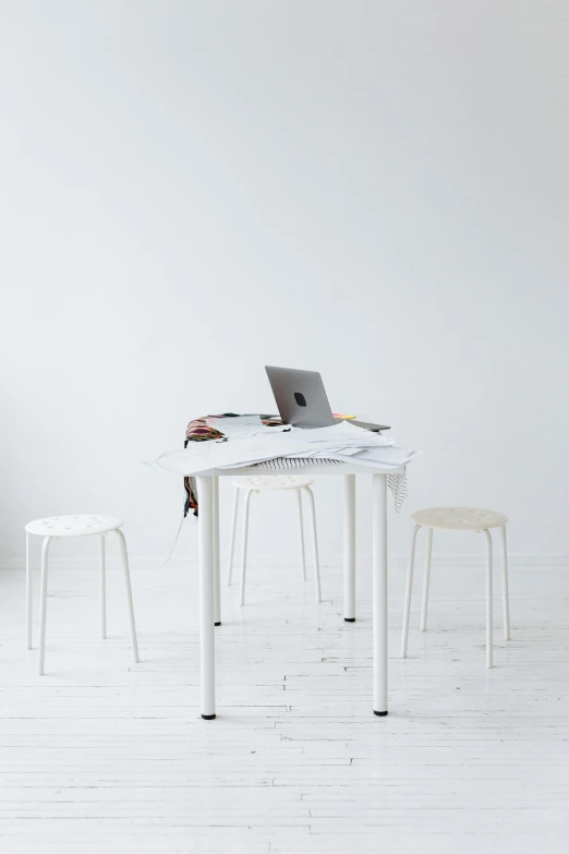 a white table with a laptop on top of it, inspired by Jakob Emanuel Handmann, superflat, empty stools, studio backdrop, collaborative, white border