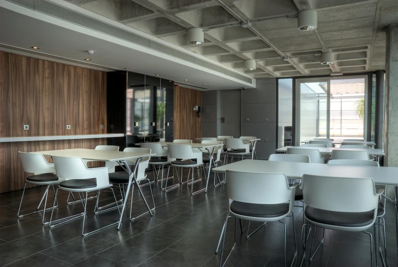 the interior of a modern, empty restaurant