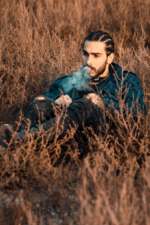 a man sitting in a field smoking a cigarette, inspired by Elsa Bleda, trending on pexels, baroque, zayn malik, with soft bushes, middle eastern, a handsome