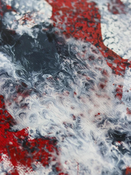 a close up of a red and white fire hydrant, a detailed painting, inspired by Shōzō Shimamoto, unsplash, lyrical abstraction, paint on black velvet canvas, alyssa monks, silver and crimson ink, icy road on a planet of lava