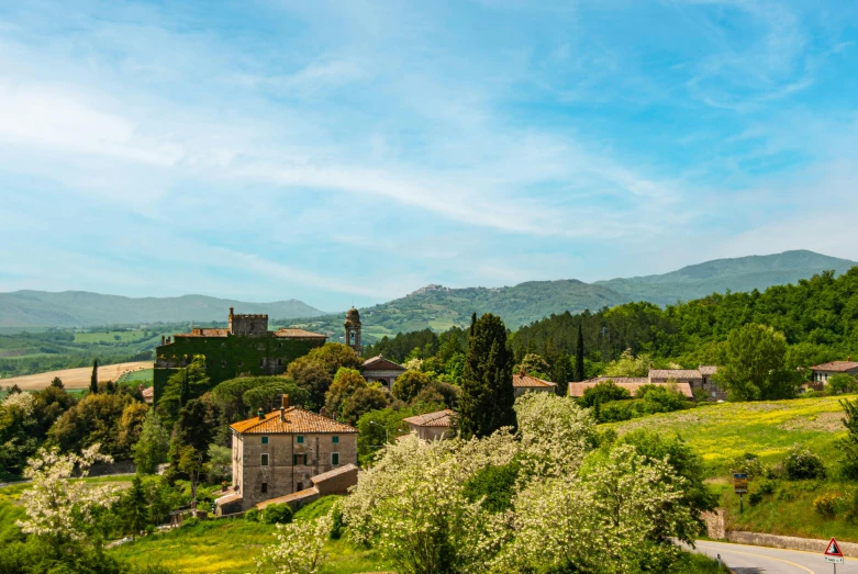 a scenic view of a town and mountains