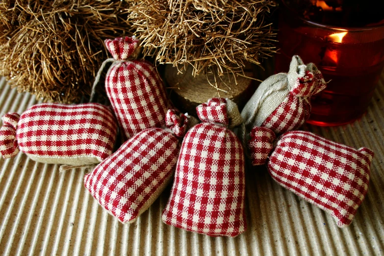 some twine wrapped red and white fabric