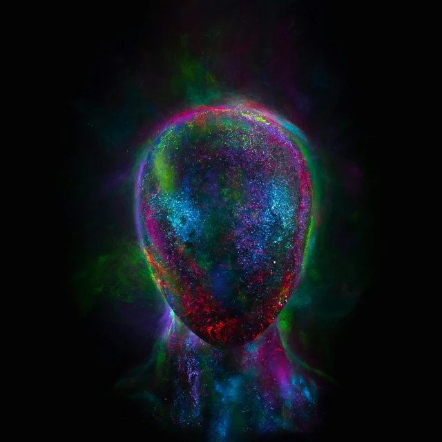 a close up of a person's head in the dark, an album cover, by Adam Marczyński, pexels contest winner, generative art, colorful alien flora, colorful nebula, portrait of head and body, cmyk portrait