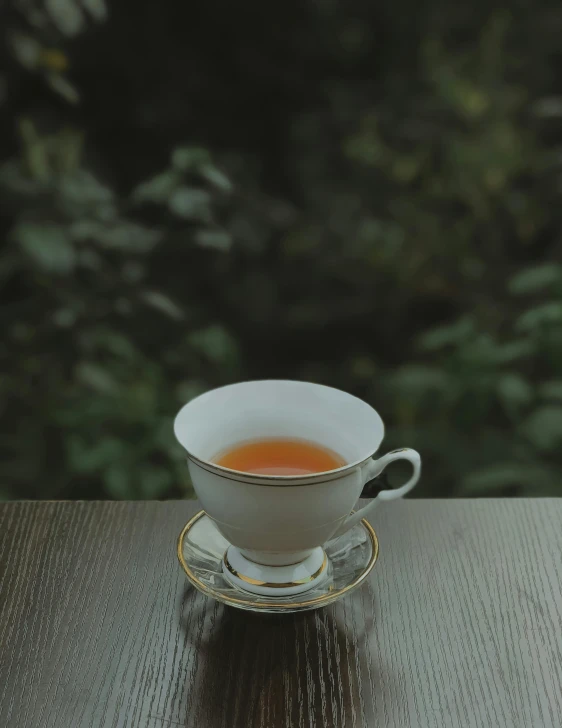 a cup of tea sitting on top of a wooden table, profile image, with a tree in the background, multiple stories, profile picture