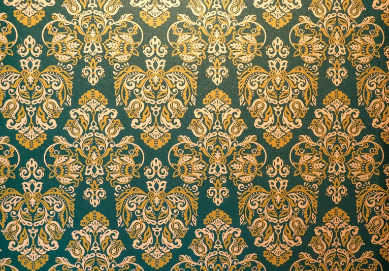 a close up of a green and gold wallpaper, baroque, symmetric indian pattern, look at all that detail!, museum background, persian folkore artstyle