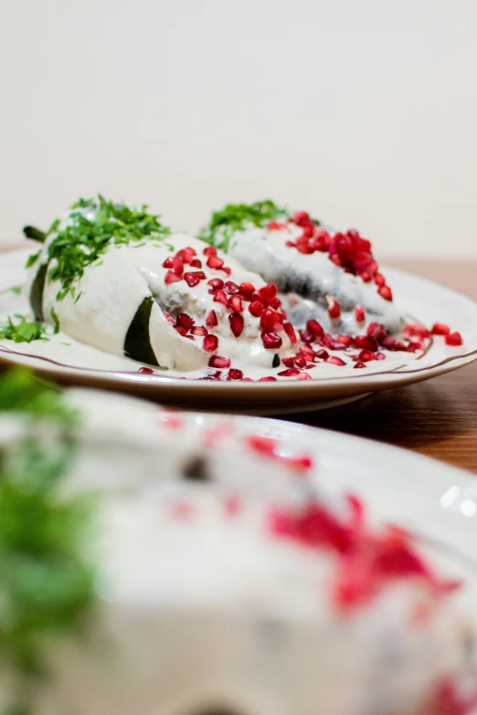 a close up of a plate of food on a table, by Julia Pishtar, ayanamikodon and irakli nadar, white red, angled shot, stuffed