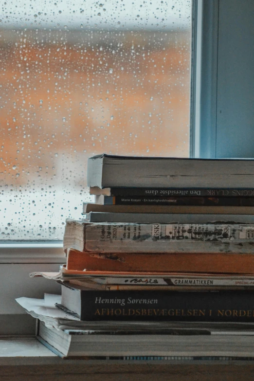 a stack of books sitting on top of a window sill, inspired by Elsa Bleda, pexels contest winner, hyperrealism, raindrops, technologies, downpour, inside a library