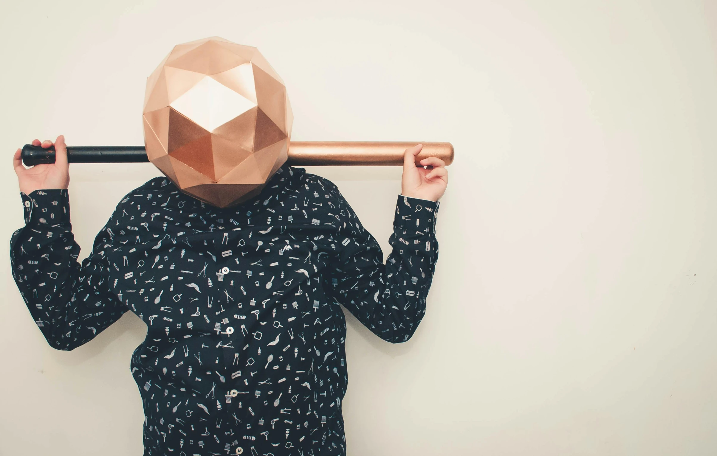 a man with a paper bag on his head holding a baseball bat, by Will Ellis, trending on unsplash, kinetic art, copper and brass, ideal polyhedron, rose gold, closed limbo room